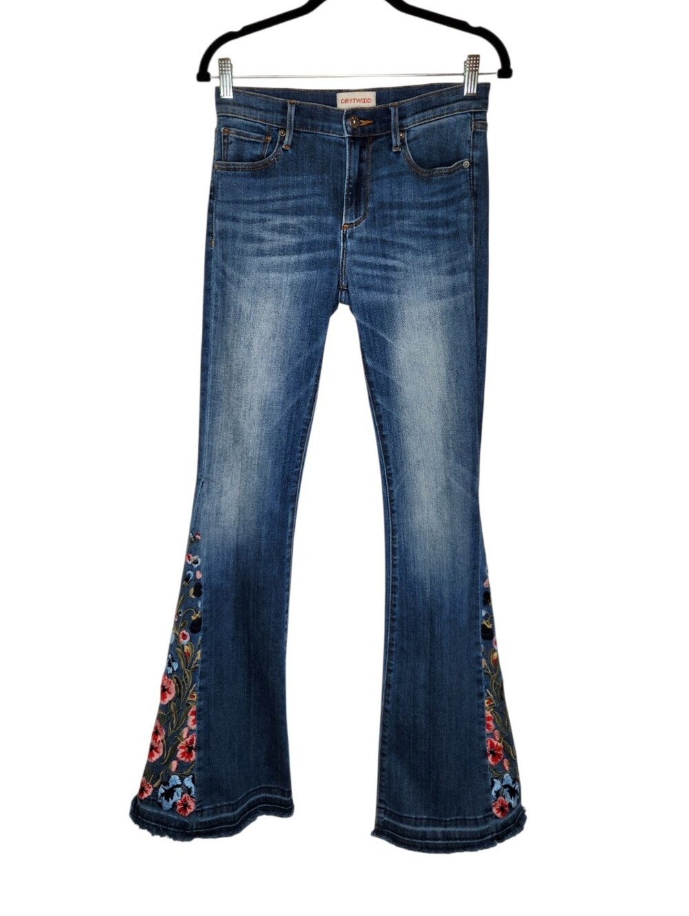 Driftwood Farrah Embroidered Raw Hem Flare Jeans Size 26